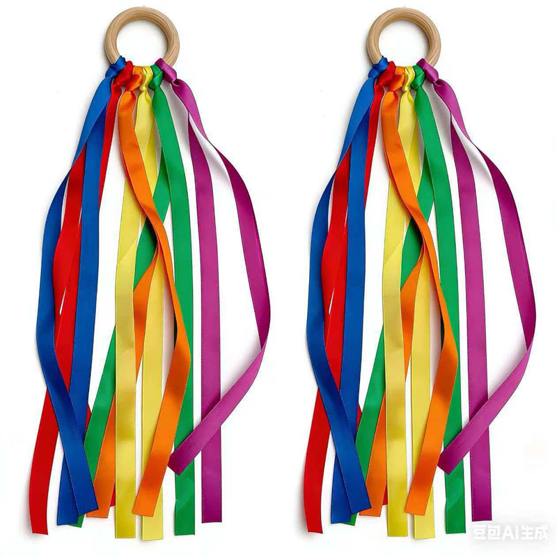 Gymnastic Ring Wood - Rainbow Hand Kites Wands Montessori Ribbon